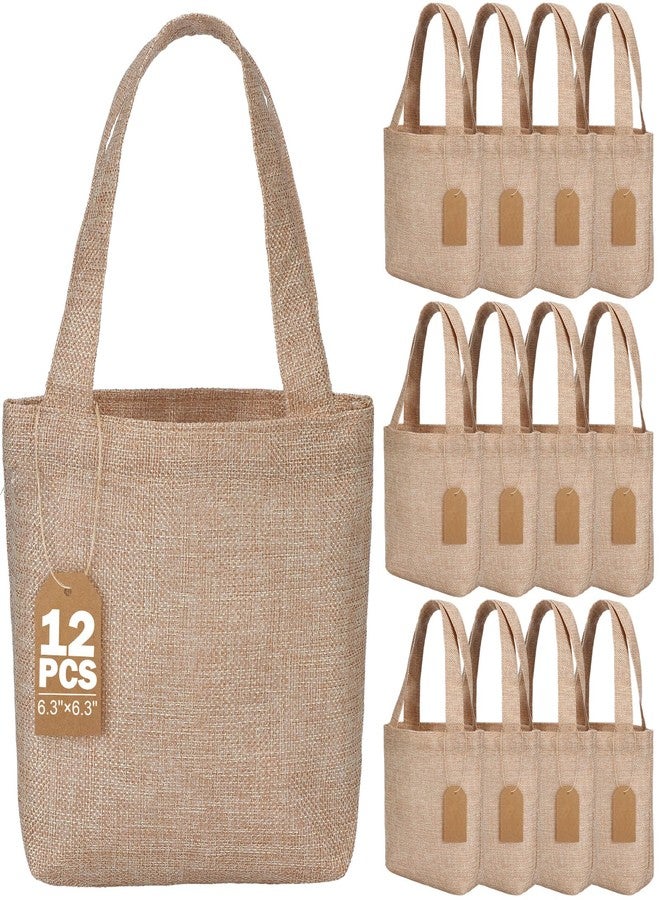 Aliceset 12 Pcs Mini Burlap Gift Bags with Handles Reusable Burlap Tote Bags with Tags Small Wedding Welcome Bridesmaids Jute Bag Bulk for Party Supplies DIY Crafts (6.3 x 6.3 x 2.8 Inch,Light Brown) - Image 1